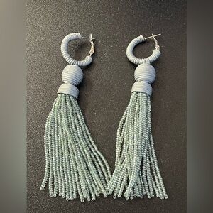 Green Goddess Beaded Silk Thread Wrapped Lever Back 4" Tassel Mint Earrings